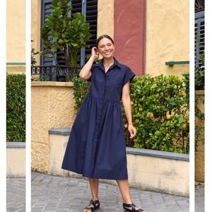 MAYE Navy Shirt Dress Midi Cotton Size Large NWT